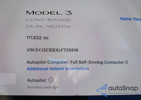 2020 Tesla Model 3 Long Range Dual Motor All-Wheel Drive from USA, damaged, VIN 5YJ3E1EBXLF735816